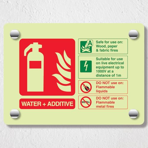V Safety - Señal acrílica para extintor de agua que brilla en la oscuridad, horizontal, 200 x 150 mm, duradera, inastillable, señalización de seguridad