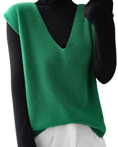 YBWZH Women's Sleeveless Jumpers Lady's Knitted Cashmere Sweater Vest V Neck Pullover Knitting Tank Top Christmas for Girl Casual (Green, XXL)