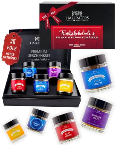 Hallingers Genuss Manufaktur Geschenkkorb Geschenkset – Feinkost Mix, 5 Sorten Trinkschoki Geschenk-Set mit Schokolade, Chai Tee und Goldene Milch Gewürz