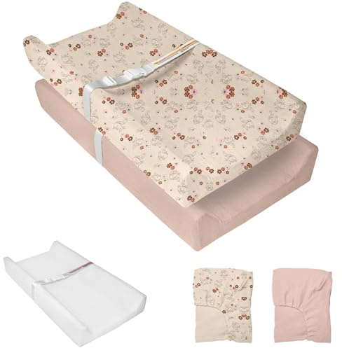 JVEOO Muslin Baby Changing Pad, 2 Pack Muslin Soft Cotton Covers & Waterproof Lining Foam Diaper Changing Table Pad 32 x 16.6 Mat for Dressers
