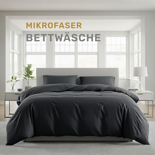 Lavea® Bettwäsche 155x220 cm, 2-teilig, 1 Bettbezug 155x220 cm, 1 Kissenbezug 80x80 cm, Mikrofaser, weich, atmungsaktiv, pflegeleicht, hypoallergen, Markenreißverschluss, Bettwäsche-Sets Anthrazit