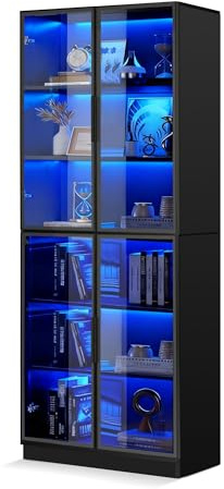JOYUSAEN Black Display Cabinet,78 Inch High Bookshelf, Multi-Color LED Ambient Lighting, 6-Story Large Storage Space, Transparent Tempered Glass Door, Suitable for Bedrooms, Living Rooms, Offices