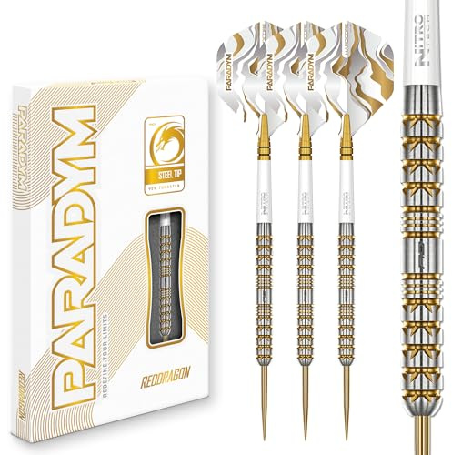 RED DRAGON Darts - Paradym Gold Series - 26g Professional Steel Tip Darts Set - 90% Tungsten Parallel Barrel - Includes Dart Flights & Stems - Professional Dart Set