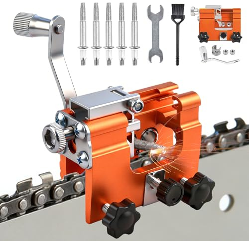 Chainsaw Sharpener Jig Kit, Portable Chain Saw Sharpener Tool with 5 Sharpening Steels & Cleaning Brush, Hand Crank Chainsaw Sharpening Accessories for 4-22 Chain Saw, Garden Worker