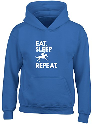 Eat Sleep Ride Repeat Horse Kids Childrens Hooded Top Hoodie Equestrian Horse Riding Rider Hoody Gifts for Boys Girls Blue
