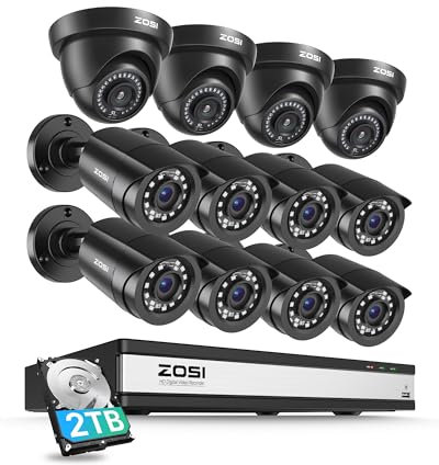 ZOSI 16CH 3K Lite Security Camera System with 2TB HDD,AI Human/Vehicle Detection,Night Vision,Remote Access,H.265+ 16 Channel 5MP Lite HD-TVI DVR with 12PCS 1080P Outdoor Indoor Surveillance Cameras