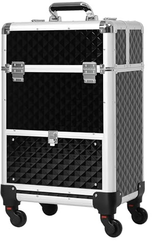 HOMCOM Valise Trolley Maquillage Mallette cosmétique Vanity poignée télescopique réglable 34L x 25l x 62H cm alu. Noir