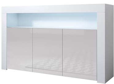 MB Muebles Bonitos - Buffet Salle à Manger Aker - Bahut Salon Design Moderne avec Éclairage LED - 3 Portes - Meuble de Rangement - Blanc et Gris Brillant - 155 x 91,5 x 37 cm