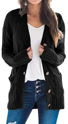 PRETTYGARDEN Women's Open Front Cardigan Sweaters Fall Fashion Button Down Cable Knit Chunky Winter Clothing Outerwear Coats (Black,Small)