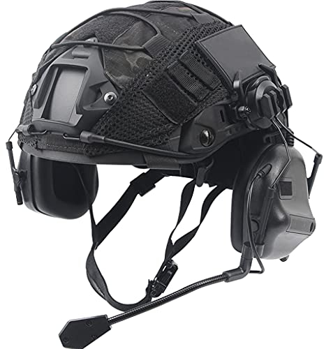 Fast Helm Set, Army Kampf Zubehör mit Tactical Headset und Helmüberzug, für Airsoft Paintball Outdoor Jagd,Schwarz,L