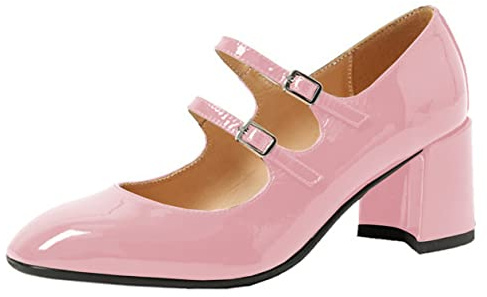 Women's Stylish Closed Round Toe Patent Leather Double Monk-Strap Vintage Low Chunky Heel Dress Mary Jane Pumps Shoes Pink Size 10