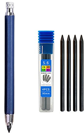 Lápiz de metal de 5,6 mm con juego de 4 minas 2B 4B 6B 8B para bocetos artísticos profesionales, lápiz de imprenta Kawaii de papelería que se puede rellenar (azul)
