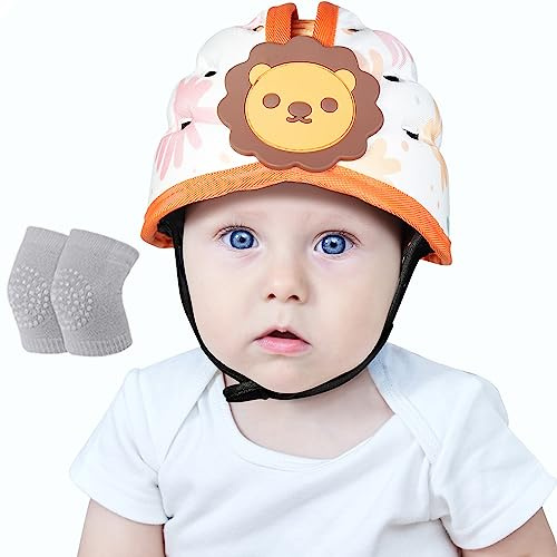 Orzbow Baby Helm mit Knieschoner, Atmungsaktiver Baby Kopfschutz zum Krabbeln und Gehen, Verstellbarer Baby Sicherheitshelm, Anti-Kollision, Ultraleicht, Hochwertige Baumwolle und Eva, Orange Löwe