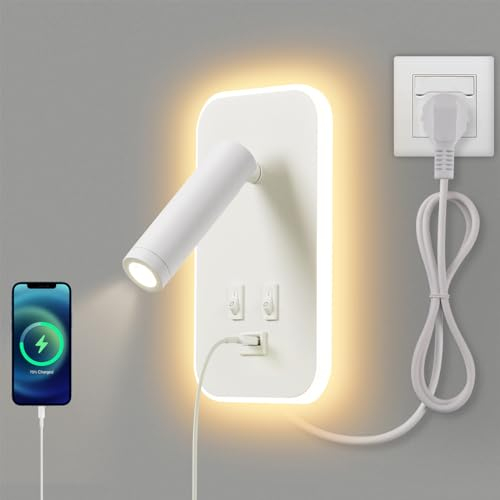 AWEKLIY 3W+9W LED Lámpara De Lectura Blanco Luz De Lectura Con Interruptor Apliques Para Lectura En Interior Iluminación de Pared puerto de carga USB Para Giratoria Lámpara De Dormitorio,Con Enchufe