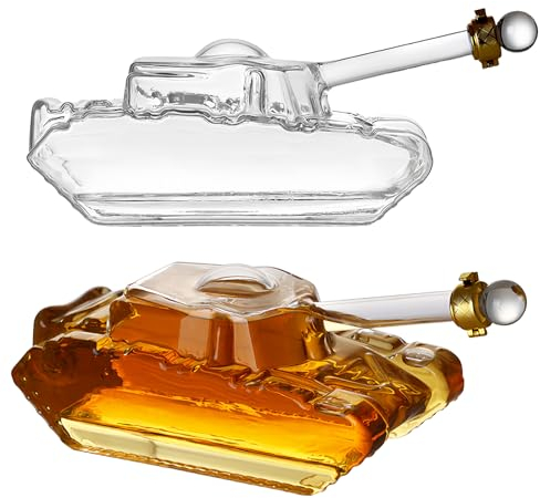 Cozlly 1000 ml Panzer Karaffe,Whisky Karaffe,Weinkaraffe in Panzerform,Whisky Geschenkset mit Gläsern,Glaskaraffe mit Verschluss,Tankförmige Dekanter,Geschenke für Männer