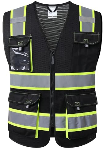 JKSafety Hi Vis Reflective Safety Vests for Men Women High Visibility Vest with Pockets Mesh Fabric Construction Safety Apparel Neon Vest for Work (220-Black L)