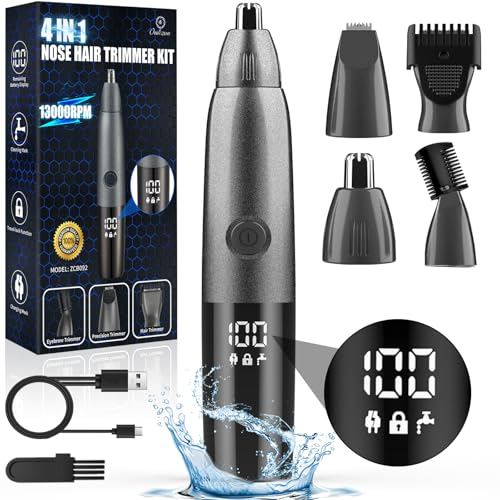 Oukzon 4-in-1 Taglia Peli Naso e Orecchie, Ricaricabile USB Con LED Display, Professionale Indolore, Per Uomini e Donne, IPX7