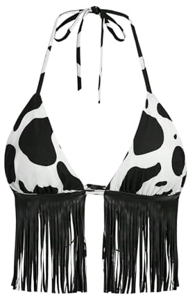Women Western Cowgirl Fringe Top - Country Concert Outfits Sexy Tank Shirt(Blackwhite,L,1149a)