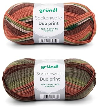 Gründl Sock Wool Duo Knitting Set of 2 x 100 g Sock Yarn (75% Virgin Wool (Superwash), 25% Polyamide) + Instructions (English Language not Guaranteed), Orange/Green/Brown, 200 g
