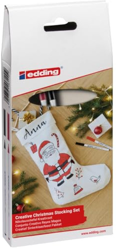 Edding 4600 - Set de rotuladores textiles, color negro y rojo, rotuladores para decorar la ropa, ideal para dibujar diseños de Papá Noel