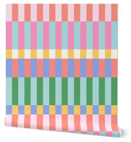 Spoonflower Peel & Stick Wallpaper Swatch - Bright Retro Check Geometric Stripe Chunky Blue Pink Green Yellow Orange Custom Removable Wallpaper