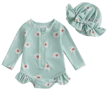 YILEEGOO Traje de baño para niña pequeña con sombrero, manga larga, cremallera, floral, volantes, traje de baño de una pieza, trajes de baño de verano, verde, 6-9 meses