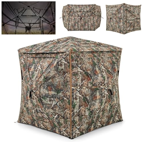 GOPLUS Tente de Chasse pour 2-3 Personnes, Store de Camouflage Transparent à 360° avec Sac de Transport et Lucarne Ouvrable, Tente de Chasseur Pliable pour Chasse aux Oiseaux et Dindes