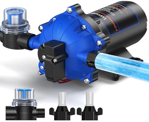 LumaBrite 12V DC Water Pump, 7.0GPM 70PSI RV Fresh Caravan Water Pump Five Chamber Self-Priming Diaphragm Pump with Heavy Duty Pressure Switch and Strainer for RV, Marine, Yacht, Caravan