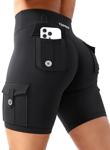 YEOREO CoreFlex - Pantaloni da ciclismo da donna con 4 tasche, invisibili, a vita alta, 8, senza cuciture, per corsa, palestra, yoga, allenamento, opachi, leggings corti, Nero , S