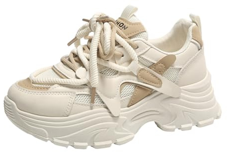 MAUGELY Women's Platform Mesh Casual Sports Shoes Fashionable Road-Running Walking Sneakers Size 8 Beige Khaki