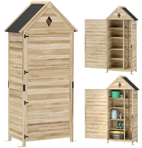 Caseta de jardín de madera Outsunny, caseta de herramientas impermeable con tejado a dos aguas de asfalto, puerta de almacenamiento 80 x 49 x 170 cm, caseta de herramientas resistente a la intemperie,