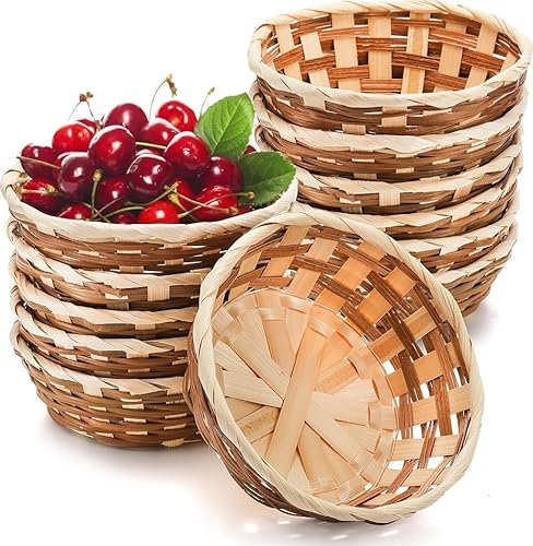Lot de 12 corbeilles à pain tressées en bambou - Panier de rangement rond rustique - Fabriqué à la main - Corbeille à fruits, légumes, panier de service - Paniers décoratifs