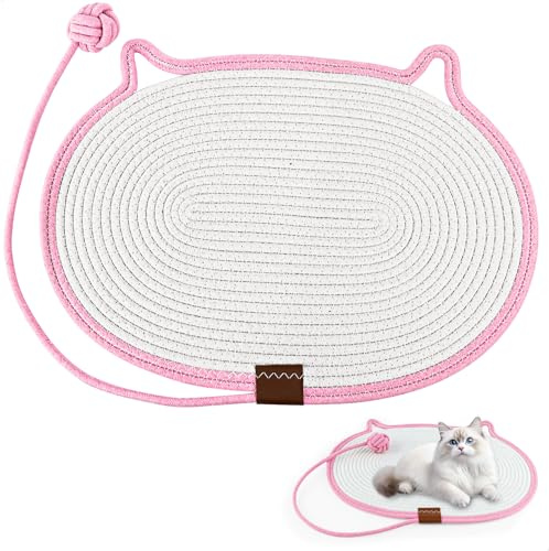 Tappeto Tiragraffi per Gatti,Tiragraffi Divano con Giocattolo in Cotone e Design a Forma di Orecchie Gatto,Tappeto Gatti in Resistente e Durevole,Adatto per Pareti & Interni,1 Pezzo Rosa
