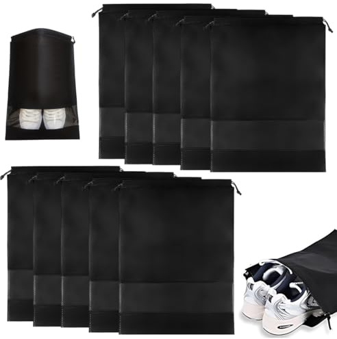 JUGUTA Bolsa Zapatos Viaje No Tejida A Prueba De Polvo, 10 Unidades Plegables Portátiles, Color Negro, Tamaño 44Cm X 32Cm