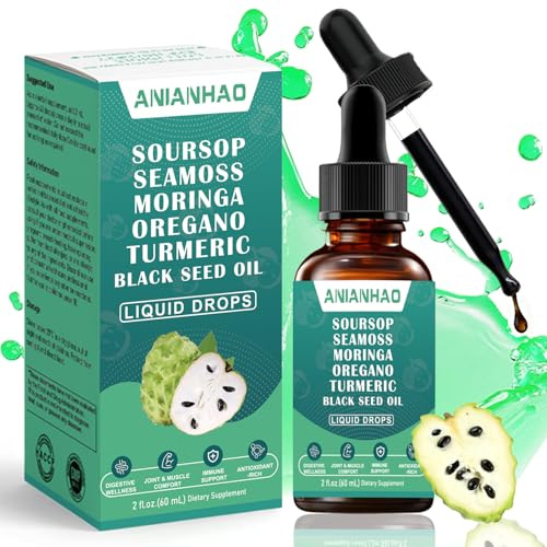Soursop, for Immune Support, Gut Health, Soursop Bitters Liquid Drops, with Sea Moss, Moringa, Turmeric, Black Seed Oil, Oregano, Ashwagandha | Herbal Extracts for Overall Health-Enhancing, 60ml
