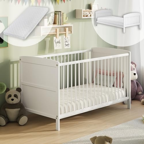 Babybett 70x140 umbaubar mit Matratze, Gitterbett Kinderbett höhenverstellbar & herausnehmbare Sprossen optional mit Schublade | weitere Größe: 60x120cm | 70x140cm: von Geburt bis 6. Lebensjahr, Weiß
