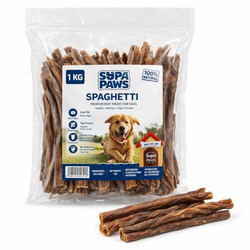 Supa Paws 1Kg 100% Natural Beef Spaghetti for Dog, Air Dried Long Beef Intestine Treat for Dog Long Lasting Dog Chews, Grain Free Dog Beef Sticks Single Ingredient Dog Snacks