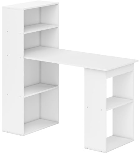 HOMCOM Escritorio con Estantería Librería Reversible Mesa de Ordenador con 6 Estantes de Almacenaje Estilo Moderno para Oficina Estudio Despacho 120x55x120 cm Blanco