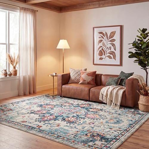 SAFAVIEH Area Rug 8x10 - Madison Collection - Large - Cream & Blue, Boho Chic Distressed Medallion Design, Non-Shedding & Easy to Clean, Ideal for Living Room, Bedroom, Dining Space (MAD473B)
