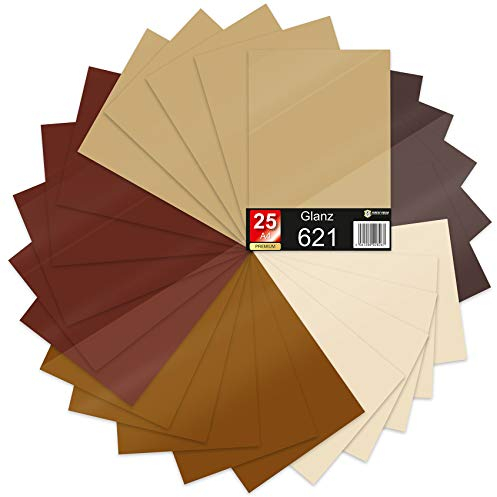 25 x Din A4 Bögen Plotterfolie 621/631 Selbstklebende Folie im Set Vinyl zum Plotten DIY Bastelfolie Sticker Beschriftung Aufkleber 29,7x21cm (Brauntöne matt, 25er Set)