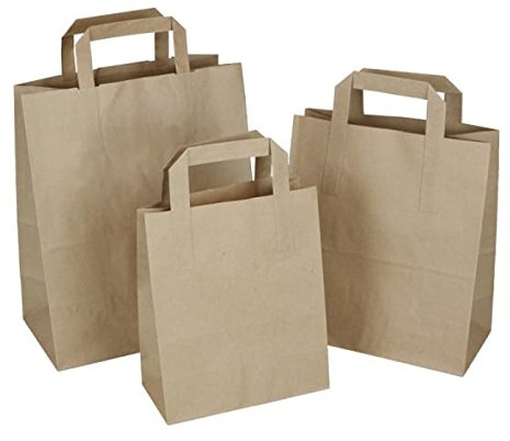 Paquete de 50 bolsas medianas de 260 x 140 x 300 mm, bolsas SOS de 26 x 14 x 30 cm, color marrón, con asa plana, papel estraza, para regalo, fiesta, almuerzo, bolsa de comida para llevar (50, M (260 x
