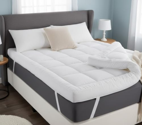 Adam Home Microfiber Quilted Mattress Topper Double Bed 4 Inch / 10cm Fluffy and Hypoallergenic, Thick White, Hotel Quality Extra Soft, Stronge Elasticized Corner Straps (135 x 190 + 10cm)