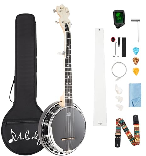 Mulucky 5 String Banjo MINI, 28 Inch Travel Banjo with Remo Head, Resonator and Geared 5th Tuner, Beginning Kit with Tuner Strap Wrench Picks Ruler - B803