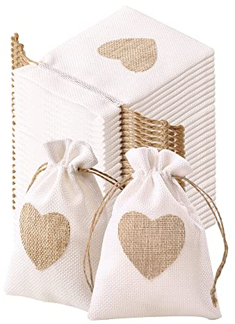 LAOYE 30 Stück Jutesäckchen 10 x 14CM Sackleinen Taschen Beige Schmuckbeutel mit Kordelzug Geschenktüten mit Herz Jutebeutel Leinensäckchen Geschenksäckchen für Schmuck Handwerk Hochzeit Party