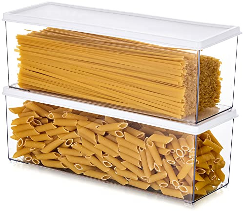 Hanobe Contenedores de pasta para despensa, recipiente grande de espaguetis, fideos y lasaña, 2 recipientes rectangulares gris transparente con tapas de bloqueo, gabinete de cocina, encimera
