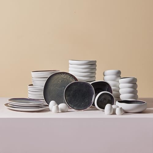 Karaca Streamline Galactic Reactive 59 Piece,Dinnerware Set for 12 People,Dinner Plates,Pasta Bowls,Salad/Cereal/Soup Bowls,Side Plates,Serving Platters,Porcelain Tableware,Crockery Set,White