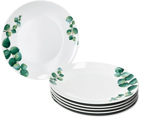 MamboCat Lot de 6 assiettes plates en eucalyptus I Ø 27 cm I Assiettes en porcelaine blanche pour 6 personnes avec décor de plantes vertes I Grandes assiettes pour le petit déjeuner, le midi, le café