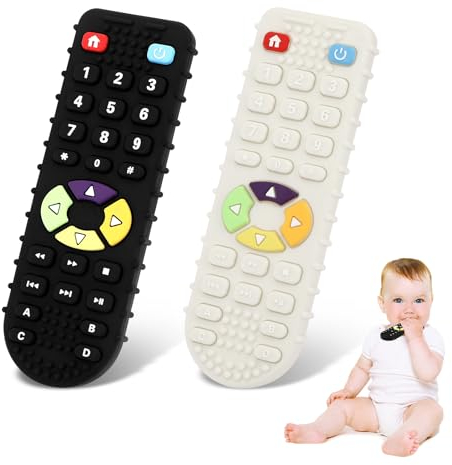 Mordedor Bebe 2 Piezas, Mando a Distancia Juguetes para Bebés, Control Remoto Silicona sin BPA, Refrigerante para 3 a 12 Meses