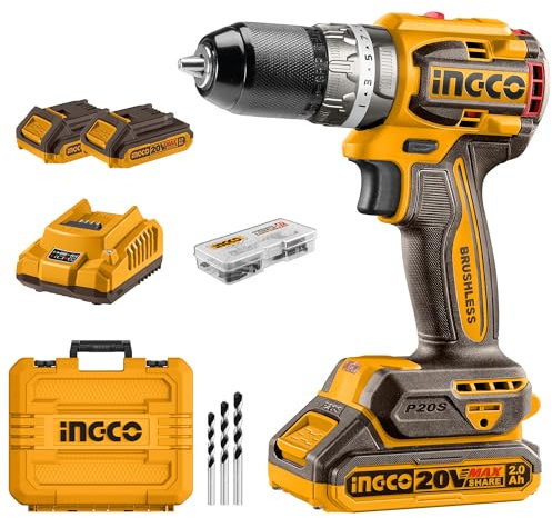 INGCO Perceuse Visseuse à Percussion sans Fil 20V 60NM, Moteur Sans Balais, 2000 tr/min, Outils De Perceuse électrique, Visseuse Devisseuse Sans Fil avec 2 Batteries 2,0 Ah et 1 Chargeur CIDLI20602E