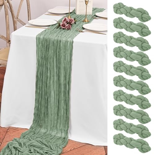 10 Pack Sage Green Cheesecloth Table Runner, 10FT Long Boho Gauze Runner for Birthday Party Festival Wedding Decoration | Soft polyester cheesecloth gauze with loose drape for boho table decoration, birthdays, parties and wedding arches